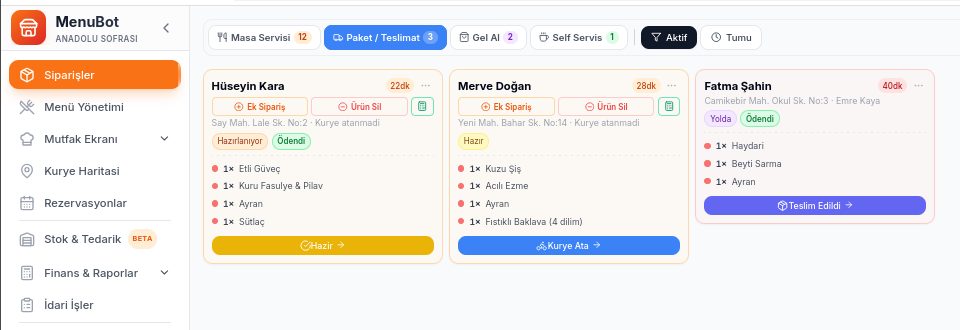 MenuBot Partner delivery orders board with the order for Fatma Şahin (demo restaurant, staged demo order)