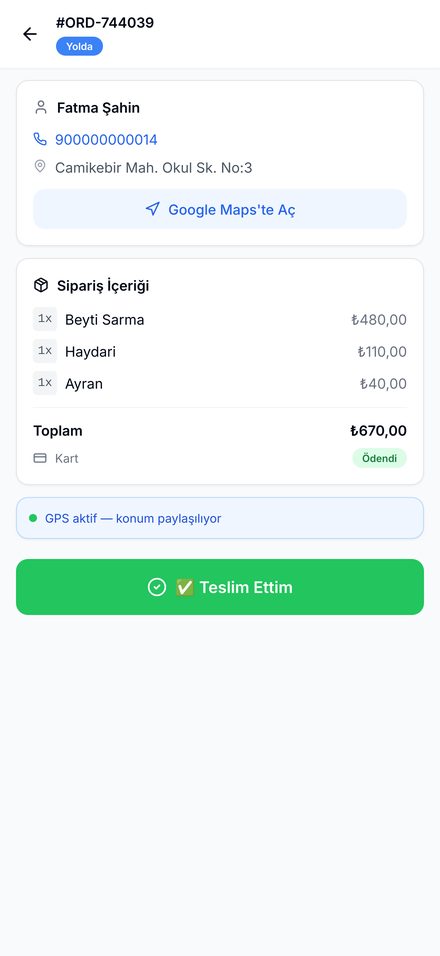 MenuBot Courier delivery screen for ORD-744039, 670 ₺, paid by card (demo data)
